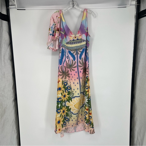 Oceanus Camille Multicolor Satin V Neck Tropical Resortwear Beach Midi Dress XL - Picture 2 of 11